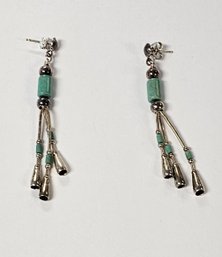 VINTAGE Native American LIQUID SILVER Turquoise Dangle Earrings