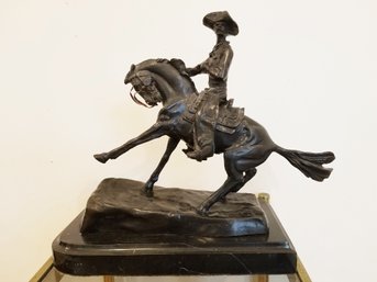 Heavy Vintage Frederic Remington Bronze Cowboy Statue On Marble Base Signed