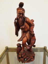 Vintage Hand Carved Wooden Asian Chinese Fisherman Statue