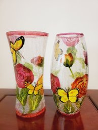 Two Pretty Crackle Glass Hand Painted Floral Flower Vases