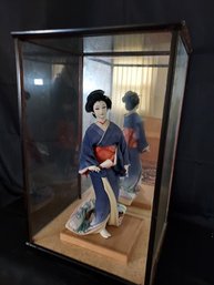 Vintage Japanese Silk Geisha Doll In Glass Case