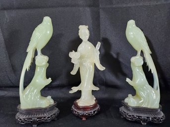 Set Of 3 Vintage Chinese Hand Carved Jade Sculptures On Rosewood Stands