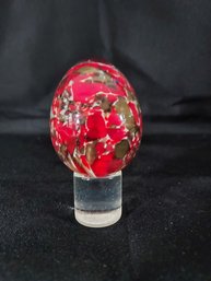Red Dapple Hand Blown Glass Egg On Stand