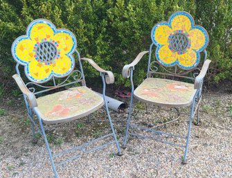 2 Project Chairs, Blue Painted Metal Frames W Tile Back And Seat
