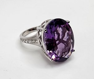 Purple Amethyst, White Zircon, Rhodium Over Sterling Ring