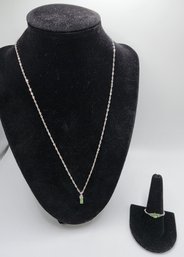 Premium Natural Tsavorite Garnet, White Zircon Ring & Pendant Necklace In Platinum Over Sterling