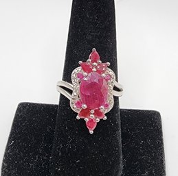 Mixed Shapes Red Ruby & Diamond Accent, Rhodium Over Sterling Ring