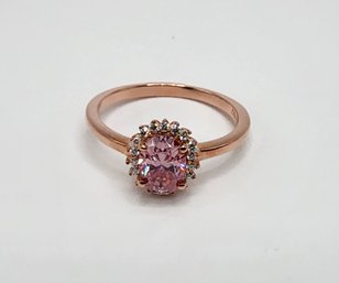 Amazing Pink & White Moissanite Ring In Rose Gold Over Sterling