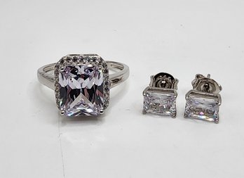 Premium White CZ, Rhodium Over Sterling Ring & Earrings