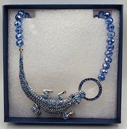 Faux Blue Sapphire, Black & Blue Austrian Crystal Crocodile Necklace In Silvertone