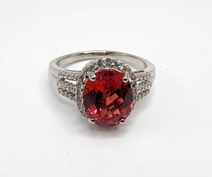 Padparadscha Sapphire, White Zircon Ring In Platinum Over Sterling