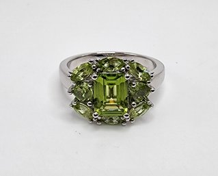 Green Peridot, Rhodium Over Sterling Silver Ring