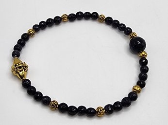 Hand Made Blue Stretch Goldstone & Gold Tone Flower Bead Ankle Bracelet