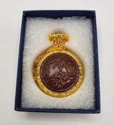 Goldstone Carved Rose Pattern Pocket Watch & Plated Yellow Gold Stainless Steel Chain