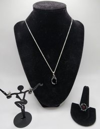 Natural Black Spinel Ring, Earrings & Pendant Necklace In Stainless