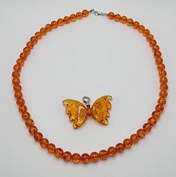 Baltic Amber Butterfly Pendant With Beaded Necklace In Sterling