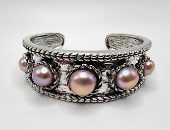 Purple Freshwater Pearl Cuff Bracelet In Silvertone