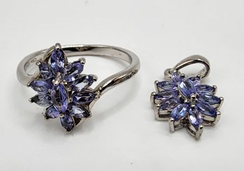 Tanzanite Floral Ring & Pendant In Platinum Over Sterling