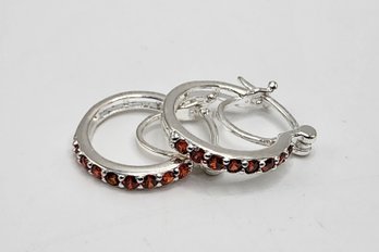 Faux Garnet Color Diamond Hoop Earrings In Sterling