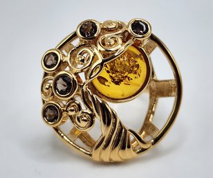 Orange Amber & Smoky Quartz, 18k Yellow Gold Over Sterling Tree Of Life Ring