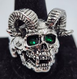 Skull Rams Head Ring With Green Eyes In Stainless Steel