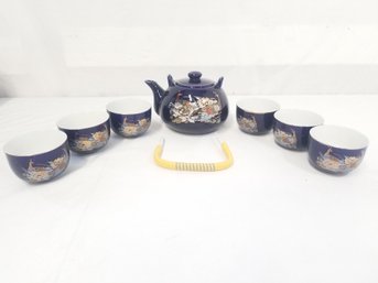 Vintage Cobalt Blue Japanese Style Quail Teapot Set