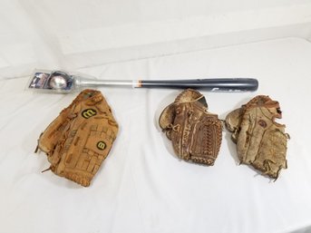 Used Baseball Gloves And Bat