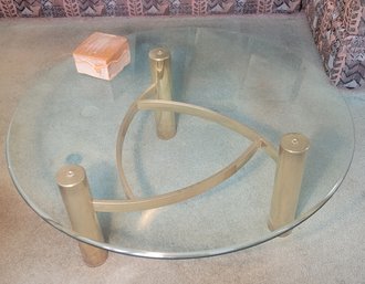 Round Glass Coffee Table Half Chevron Brass Base