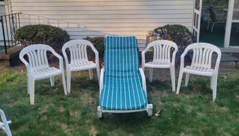 Outdoor Furniture.  1 Lounger And 4 Resin Chairs.