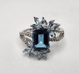 Emerald Cut London Blue Topaz, Glacier Topaz & White Topaz Ring In Rhodium Over Sterling