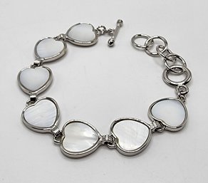 White Shell Heart Shaped Link Bracelet In Silvertone