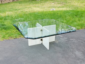 Vintage MCM Modernist Heavy Glass, White Marble & Brass Coffee Cocktail Table