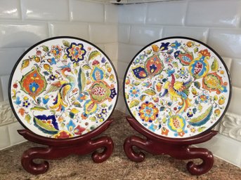 Two Colorful Decorative Pottery Peacock Bird Plates - Hand Made By Ceraplat In Spain