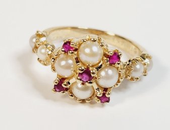 Wow....14k Yellow Gold Ring With Ruby And Pearl (Matching Lot # 8)