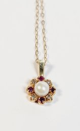 Vintage 10k Yellow Gold Small Pendant And Necklace  With Ruby And Pearl (Matching Lot #7)