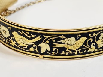 Wow...Toledo Work Black And Gold Leaf Design Hinged Vintage Bracelet Bangle