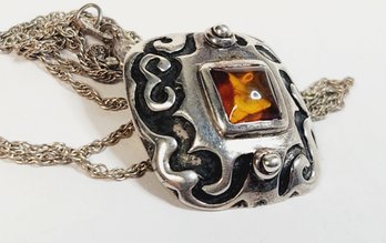 Vintage Sterling Silver AMBER Pendant And Necklace