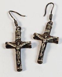 Vintage Solid Sterling Silver Crucifix Cross Hanging Dangle Earrings