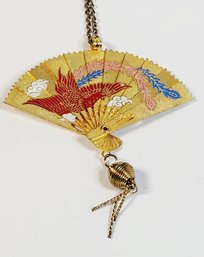 Gold Tone Asian 2 Sided Fan Pendant And Necklace