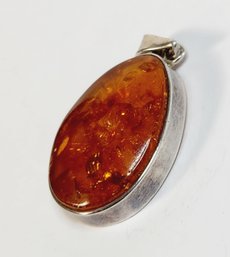 Large Vintage Sterling Silver AMBER Pendant (lots Of Fossils)