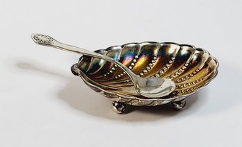 Unique Antique Vintage Sterling Silver Spoon Shaped Salt  Dish With Sterling Mini Spoon