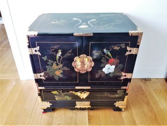 Beautiful Chinese Chinoiserie Hand Painted Black Lacquered Cabinet With Brass Accents & Hardware