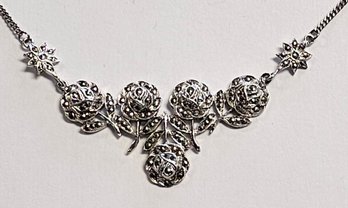 Vintage BRIGHT Sterling Silver MARCASITE Rose COLLAR Necklace...SO ELEGANT!!! 17' Long