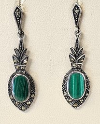 Vintage Sterling Silver Marcasite And MALACHITE In A Very CLASSY Set Of Drop Earrings