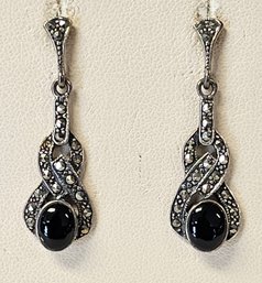 Vintage Sterling Silver Marcasite And BLACK ONYX Dangle Earrings..Perfect For A Night Out In That LBD!!