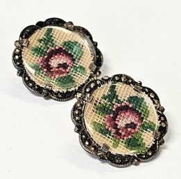 Vintage 935 Silver Marcasite PETIT POINT Needlepoint ROSE Earrings Made In AUSTRIA..Protected In PLASTIC