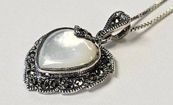 Vintage Sterling Silver MARCASITE And Mother Of Pearl HEART Necklace 18'  Great GIFT FOR MOM!!!