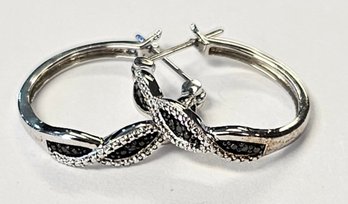 Vintage Sterling Silver Beaded RIBBON Hoops With BLACK DIAMONDS... LIKE NEW!!