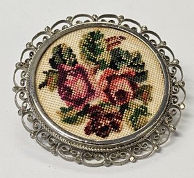 Vintage  Petit Point NEEDLEWORK Pin/BROOCH With ROSES In Silver Tone Wire Filigree Frame