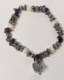 Vintage Sterling Silver AMETHYST And Freshwater PEARL Stretchy Bracelet With PRAYER BOX!!!